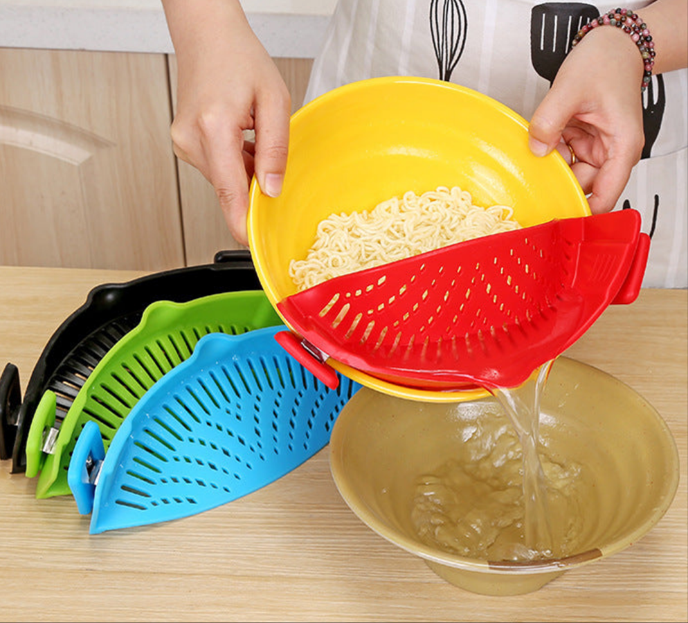 Silikon durkslag med klämma- Passar alla kastruller och skålar